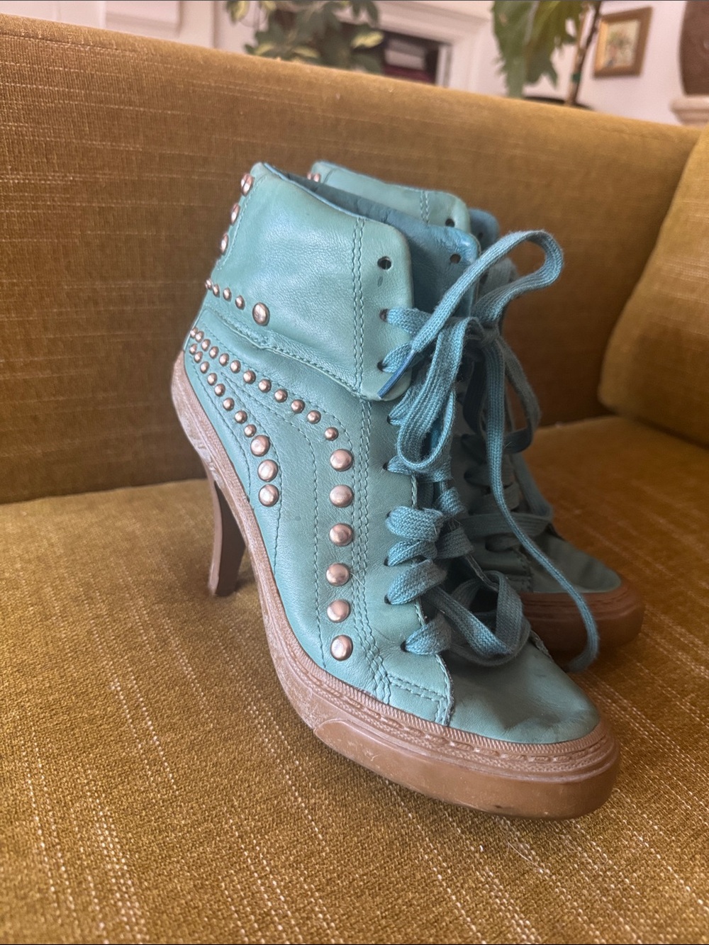 Ash Teal Lace-Up Studded High-Top Heels - Picture 2 of 11